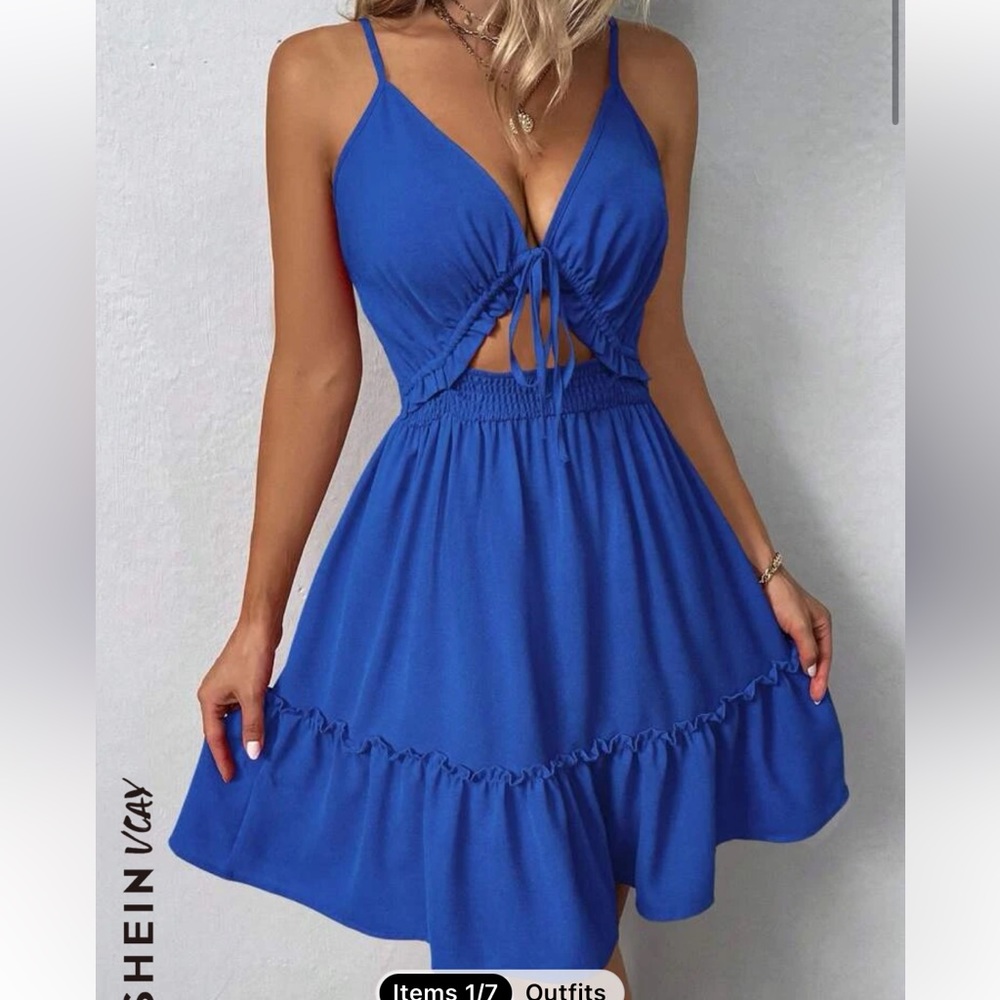 SHEIN VCAY Blue Cami Sundress Cut Out Ruffle Size 4 NWT